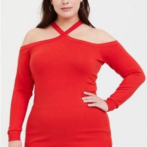 Torrid Orange Cross Neck Cold Shoulder Sweater